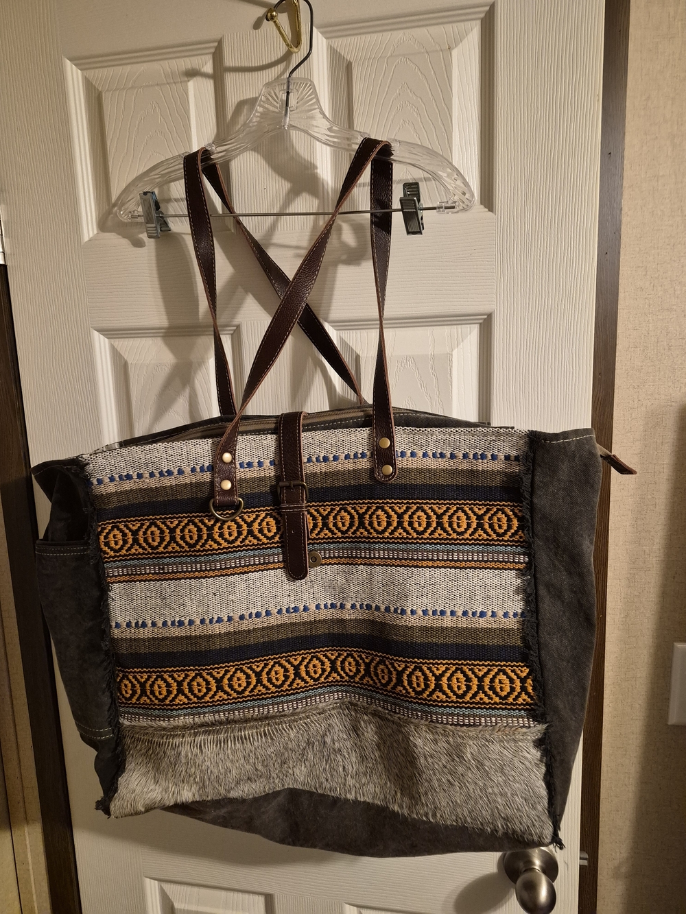 Myra Bag Gray & Mustard Woven Leather-Trim Tote